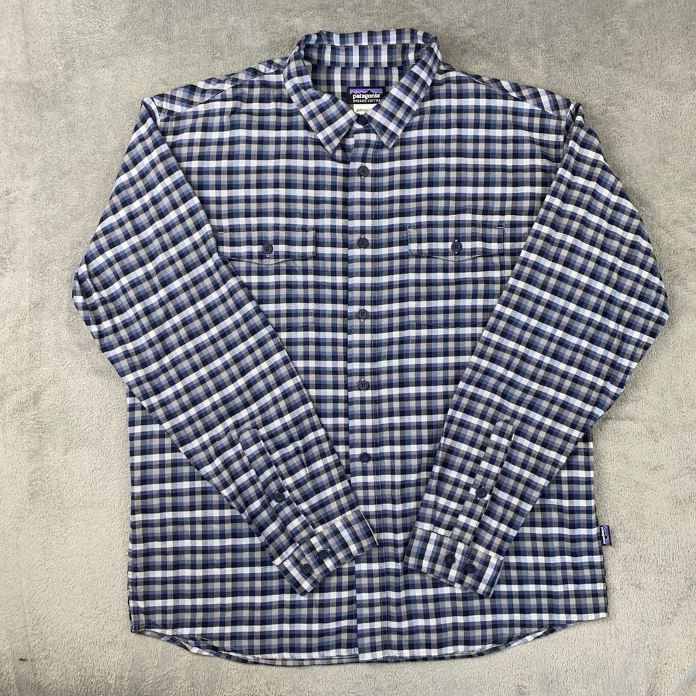 Patagonia Button Down Shirt Mens L Blue Grey Plaid Organic Cotton Long Sleeve